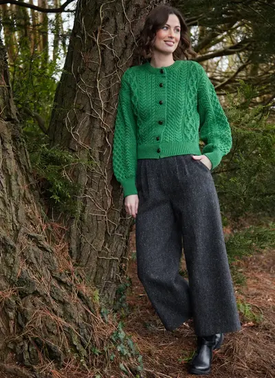 Clover Cropped Aran Cardigan in Green Marl
